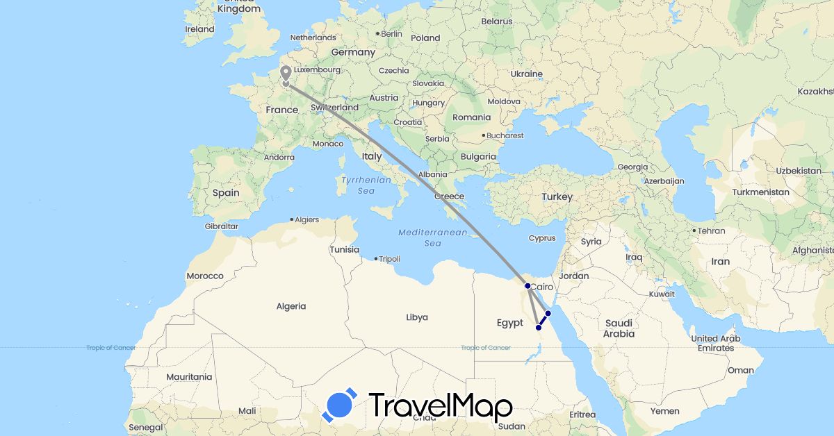 TravelMap itinerary: driving, plane in Egypt, France (Africa, Europe)